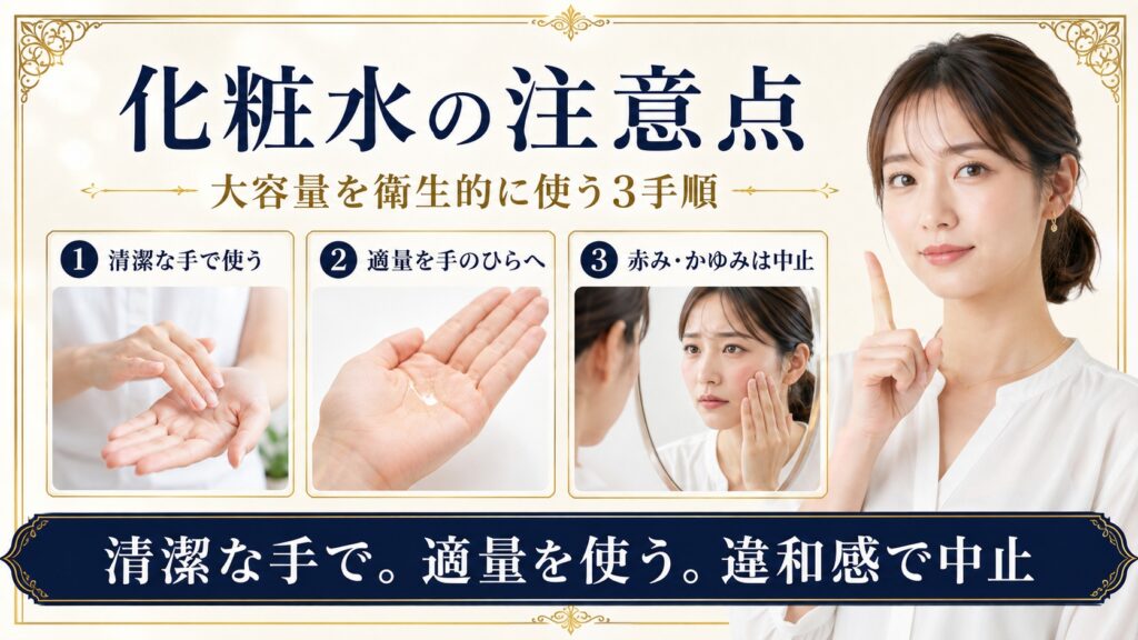 大容量化粧水を清潔な手で適量使い違和感があれば中止する注意点を示すBeauty Board