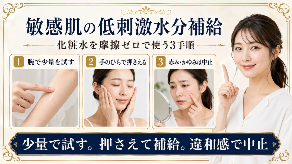 敏感肌向けに化粧水を少量で試し手のひらで押さえる低刺激な水分補給手順を示すBeauty Board