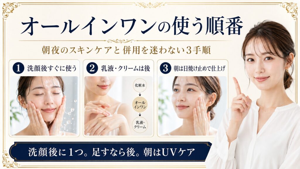 オールインワンジェルを洗顔後に使い乳液やクリームを後に重ね朝は日焼け止めで仕上げる順番を示すBeauty Board