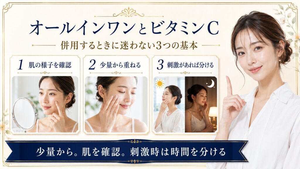 オールインワンジェルとビタミンCを少量から併用し肌を確認して刺激時は時間を分ける手順を示すBeauty Board