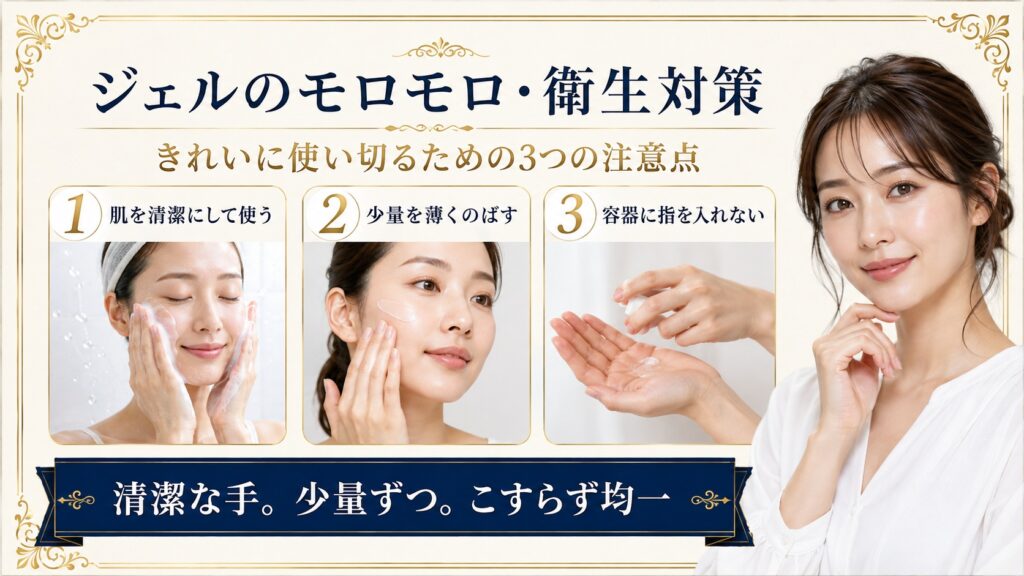 ジェルを清潔な手で少量ずつ薄くのばしモロモロを防ぐ衛生的な使い方を示すBeauty Board