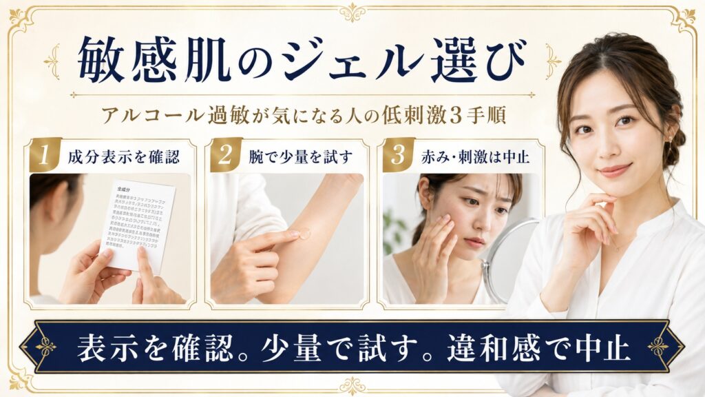 敏感肌向けに成分表示を確認し腕で少量を試して刺激時は中止する低刺激手順を示すBeauty Board
