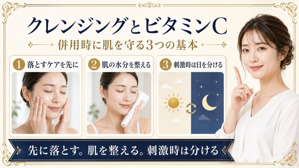 クレンジングオイルとビタミンCの併用で先に落とし肌を整え刺激時は分ける手順を示すBeauty Board