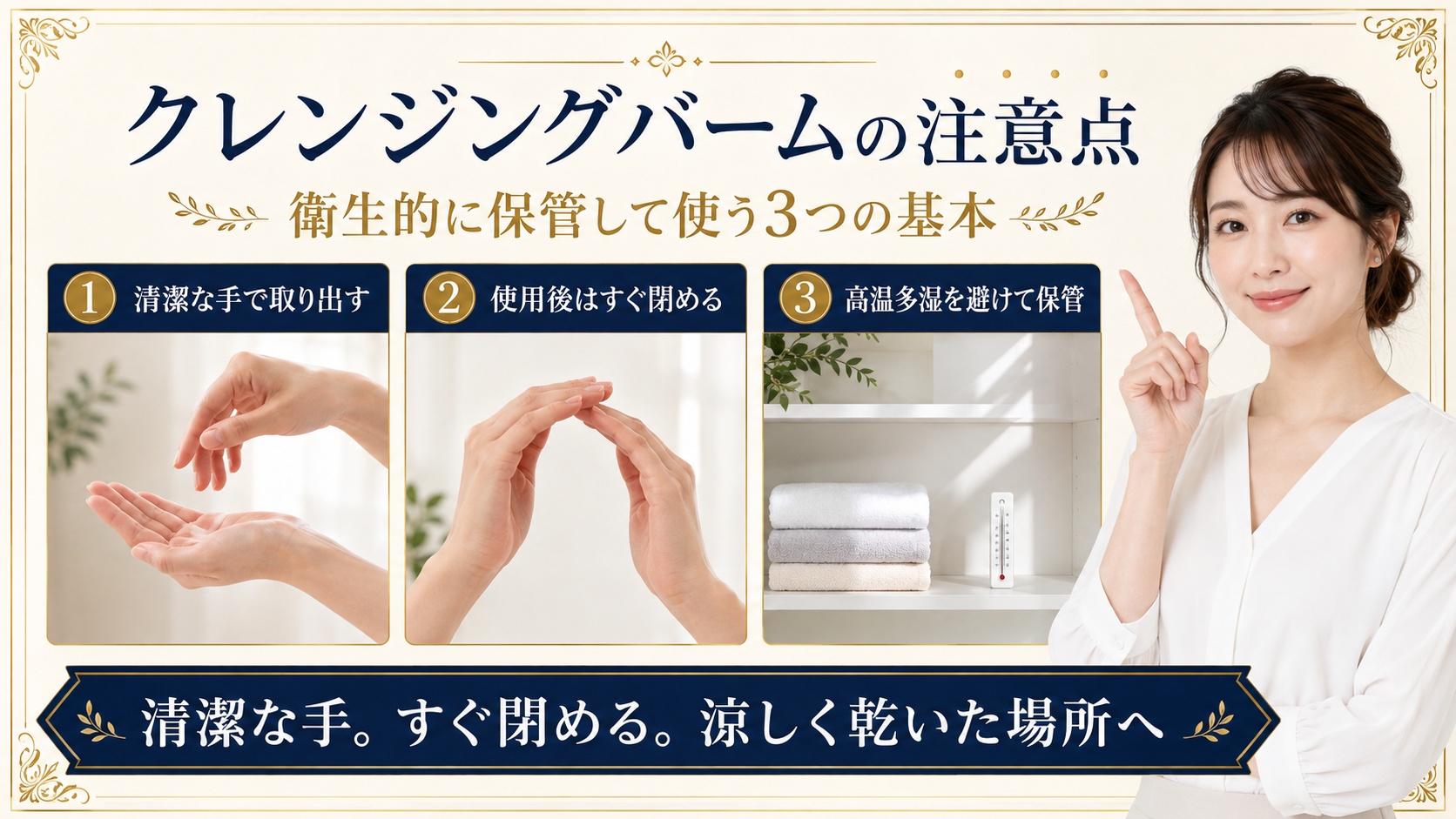 CICAクレンジングバームを清潔な手で使いすぐ閉め高温多湿を避けて保管する注意点を示すBeauty Board