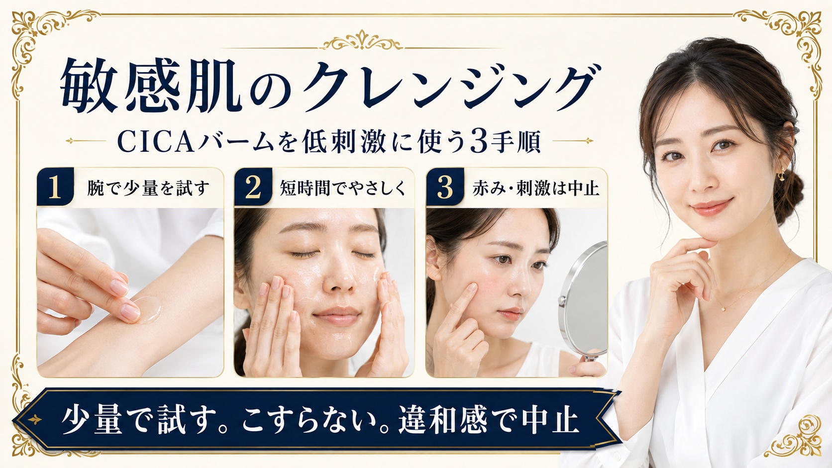 敏感肌向けにCICAクレンジングバームを少量で試し短時間でやさしく刺激時は中止する手順を示すBeauty Board