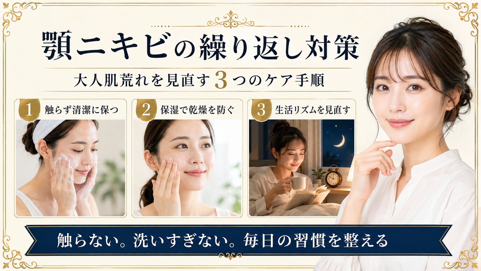 顎ニキビを触らず清潔に保ち保湿と生活リズムを見直す大人肌荒れケアを示すBeauty Board