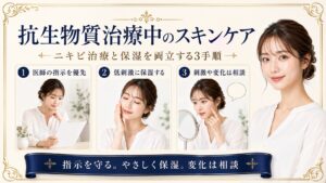 抗生物質治療中に医師の指示を守り低刺激に保湿し肌の変化は相談するスキンケア手順を示すBeauty Board