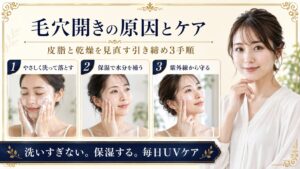 毛穴開き対策に洗いすぎず保湿し紫外線から守る引き締めスキンケア手順を示すBeauty Board