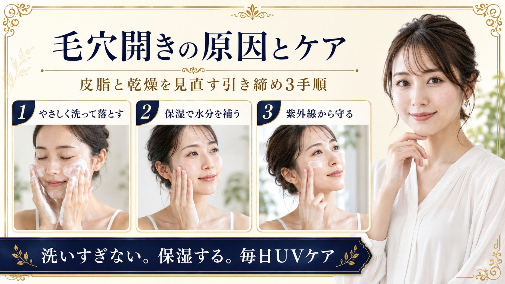 毛穴開き対策に洗いすぎず保湿し紫外線から守る引き締めスキンケア手順を示すBeauty Board