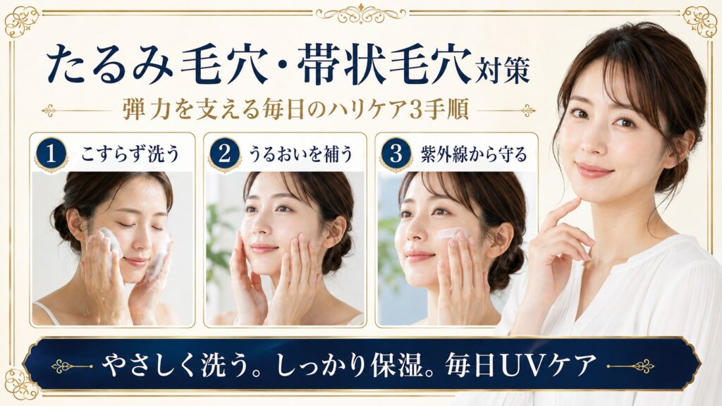たるみ毛穴と帯状毛穴対策にやさしく洗い保湿し紫外線から守るハリケア習慣を示すBeauty Board