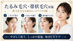 たるみ毛穴と帯状毛穴対策にやさしく洗い保湿し紫外線から守るハリケア習慣を示すBeauty Board