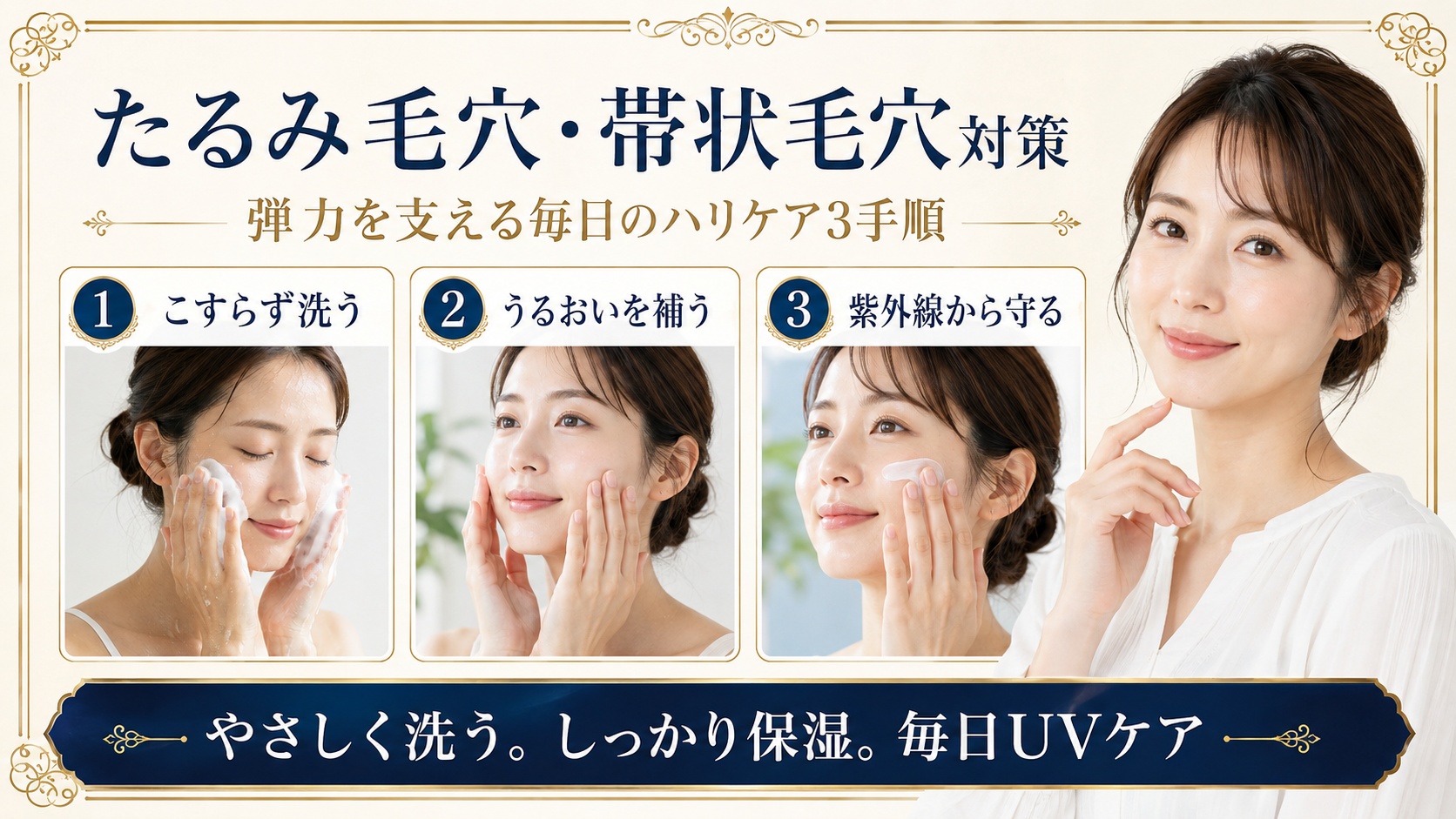 たるみ毛穴と帯状毛穴対策にやさしく洗い保湿し紫外線から守るハリケア習慣を示すBeauty Board