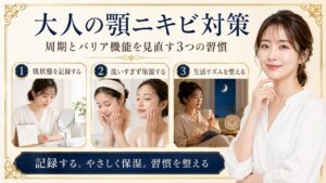 大人の顎ニキビ対策に肌状態を記録し保湿と生活リズムを整えるケア習慣を示すBeauty Board