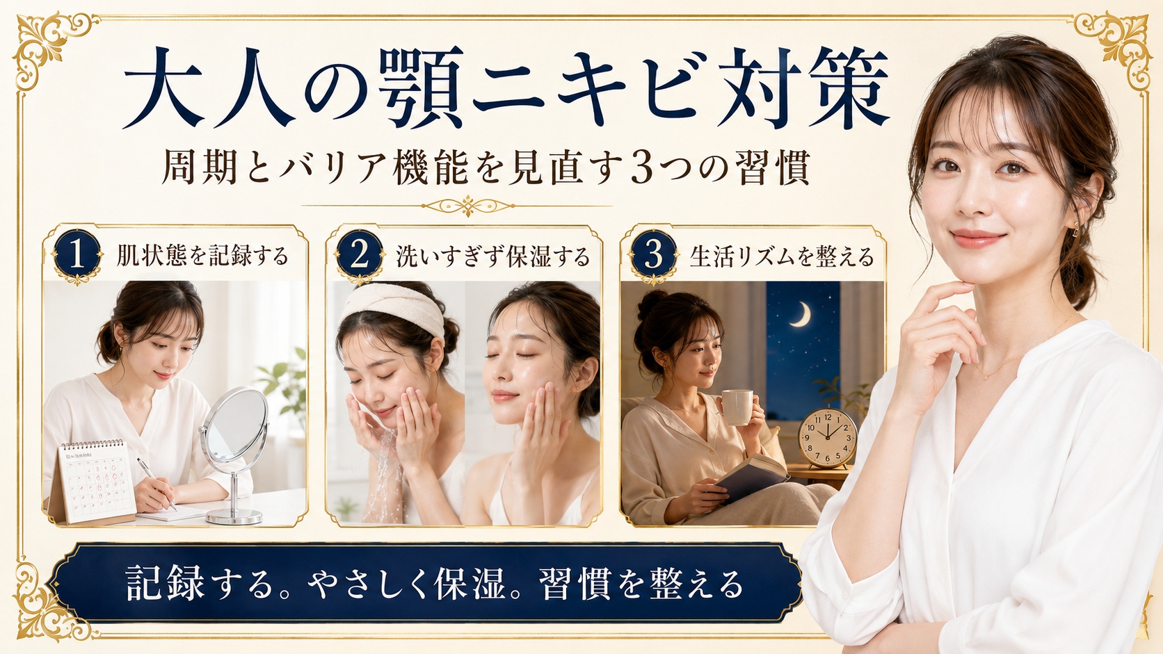 大人の顎ニキビ対策に肌状態を記録し保湿と生活リズムを整えるケア習慣を示すBeauty Board