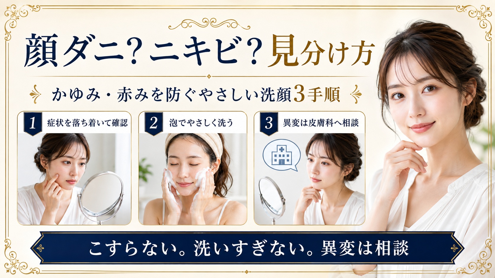顔ダニとニキビの違いを確認しこすらず泡で洗い異変は皮膚科へ相談する洗顔法を示すBeauty Board