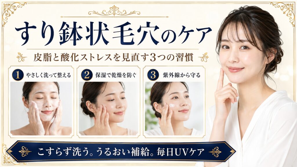 すり鉢状の開き毛穴対策にこすらず洗い保湿し紫外線から守るスキンケアを示すBeauty Board