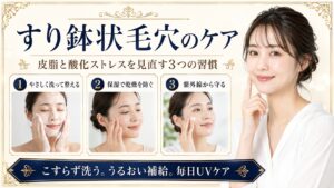 すり鉢状の開き毛穴対策にこすらず洗い保湿し紫外線から守るスキンケアを示すBeauty Board