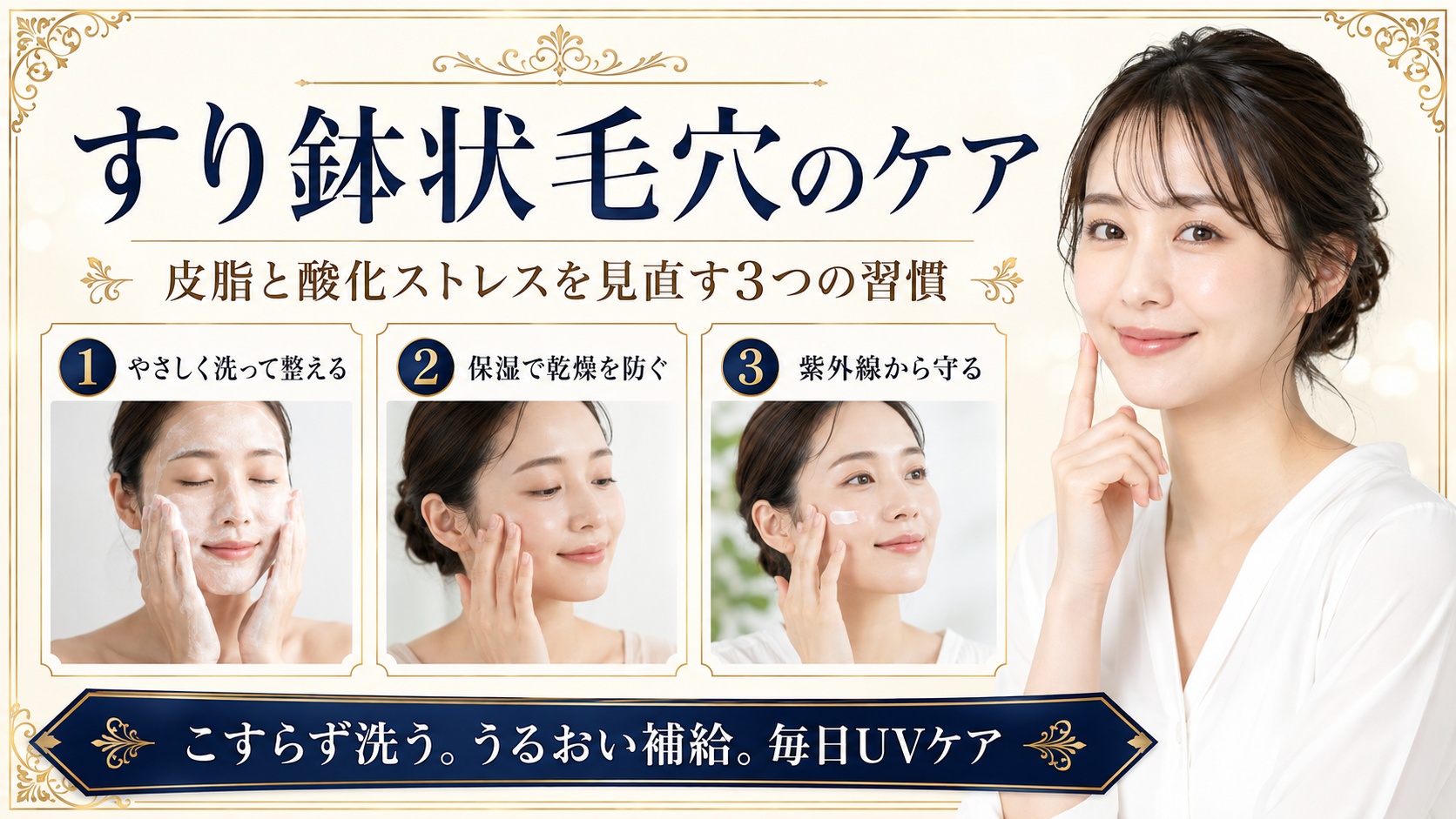 すり鉢状の開き毛穴対策にこすらず洗い保湿し紫外線から守るスキンケアを示すBeauty Board