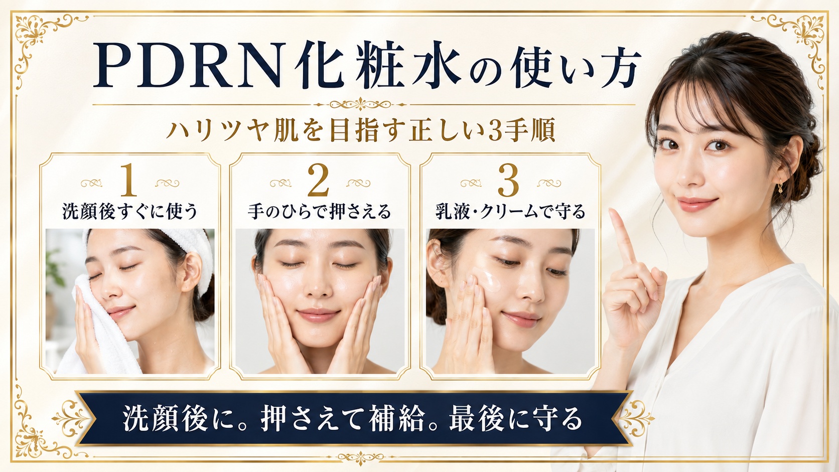 PDRN化粧水を洗顔後に使い手のひらで押さえ乳液やクリームで守るスキンケア手順を示すBeauty Board
