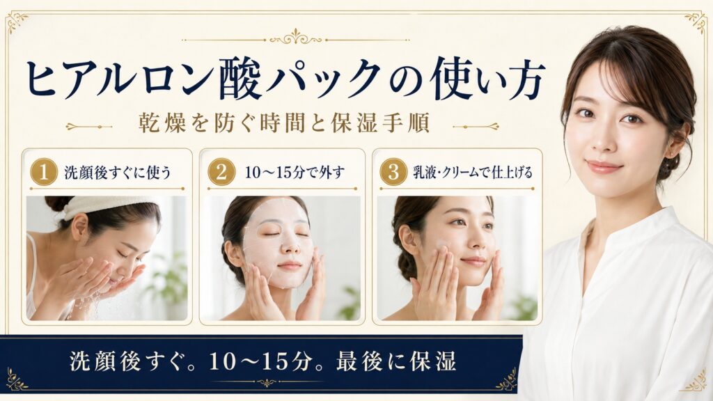 ヒアルロン酸パックを洗顔後に使い10〜15分で外して最後に保湿する手順を示すBeauty Board