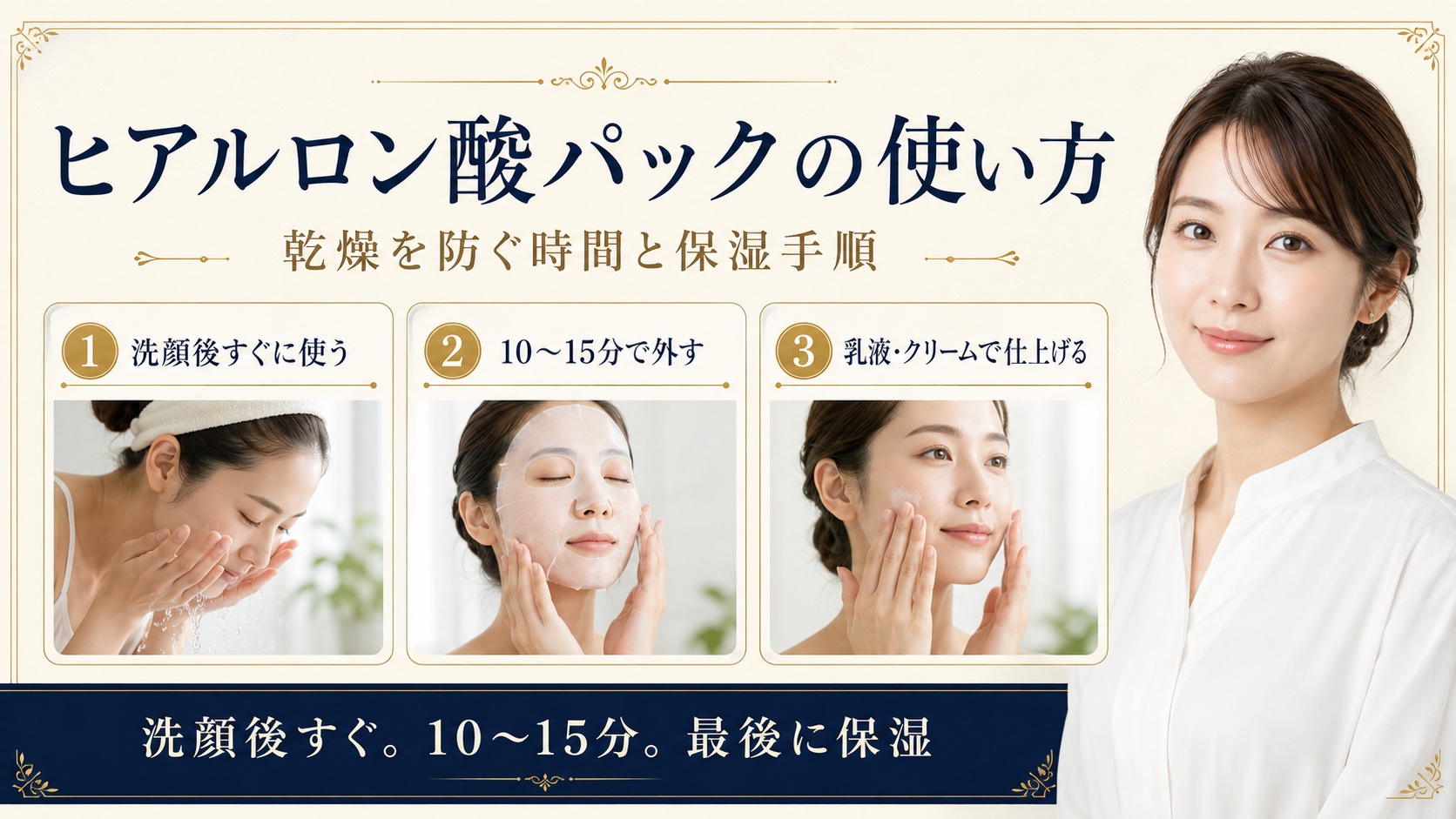 ヒアルロン酸パックを洗顔後に使い10〜15分で外して最後に保湿する手順を示すBeauty Board