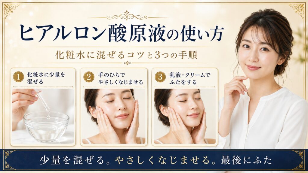 ヒアルロン酸原液を化粧水に少量混ぜてやさしくなじませ最後に保湿する使い方を示すBeauty Board