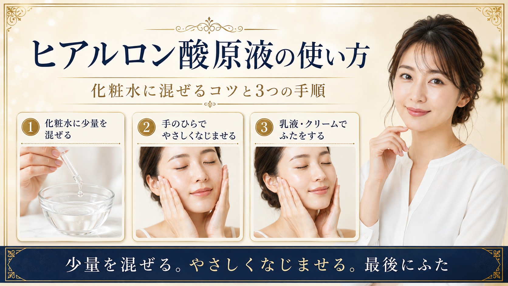 ヒアルロン酸原液を化粧水に少量混ぜてやさしくなじませ最後に保湿する使い方を示すBeauty Board