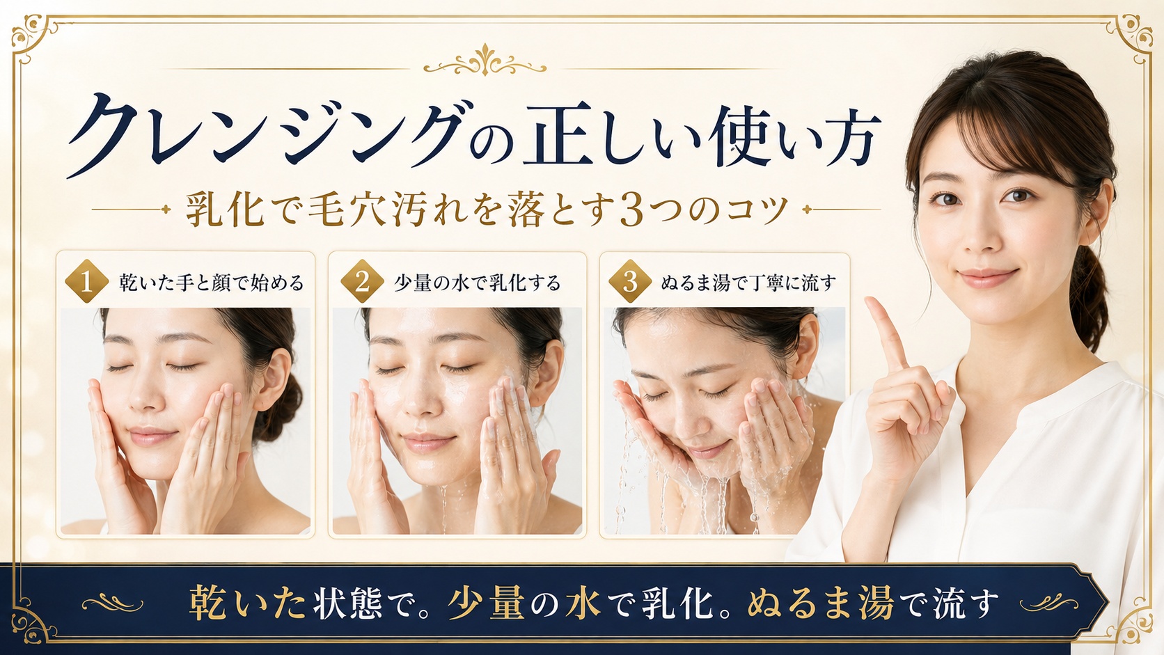クレンジングを乾いた手と顔で始め少量の水で乳化しぬるま湯で流す正しい使い方を示すBeauty Board