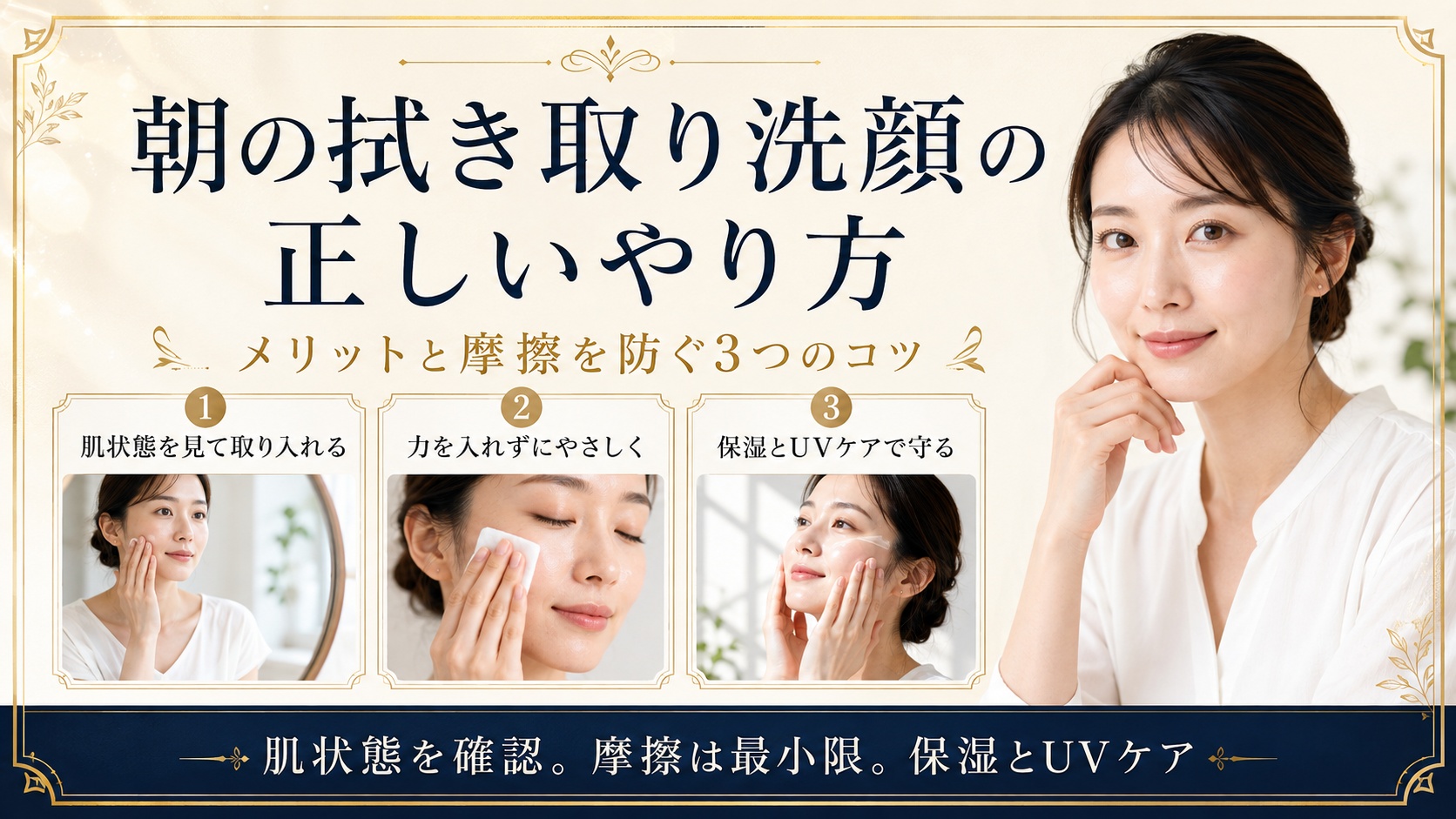 朝の拭き取り洗顔を肌状態に合わせて摩擦なく行い保湿とUVケアで守る方法を示すBeauty Board