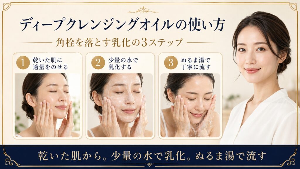 ディープクレンジングオイルを乾いた肌に使い少量の水で乳化してぬるま湯で流す方法を示すBeauty Board