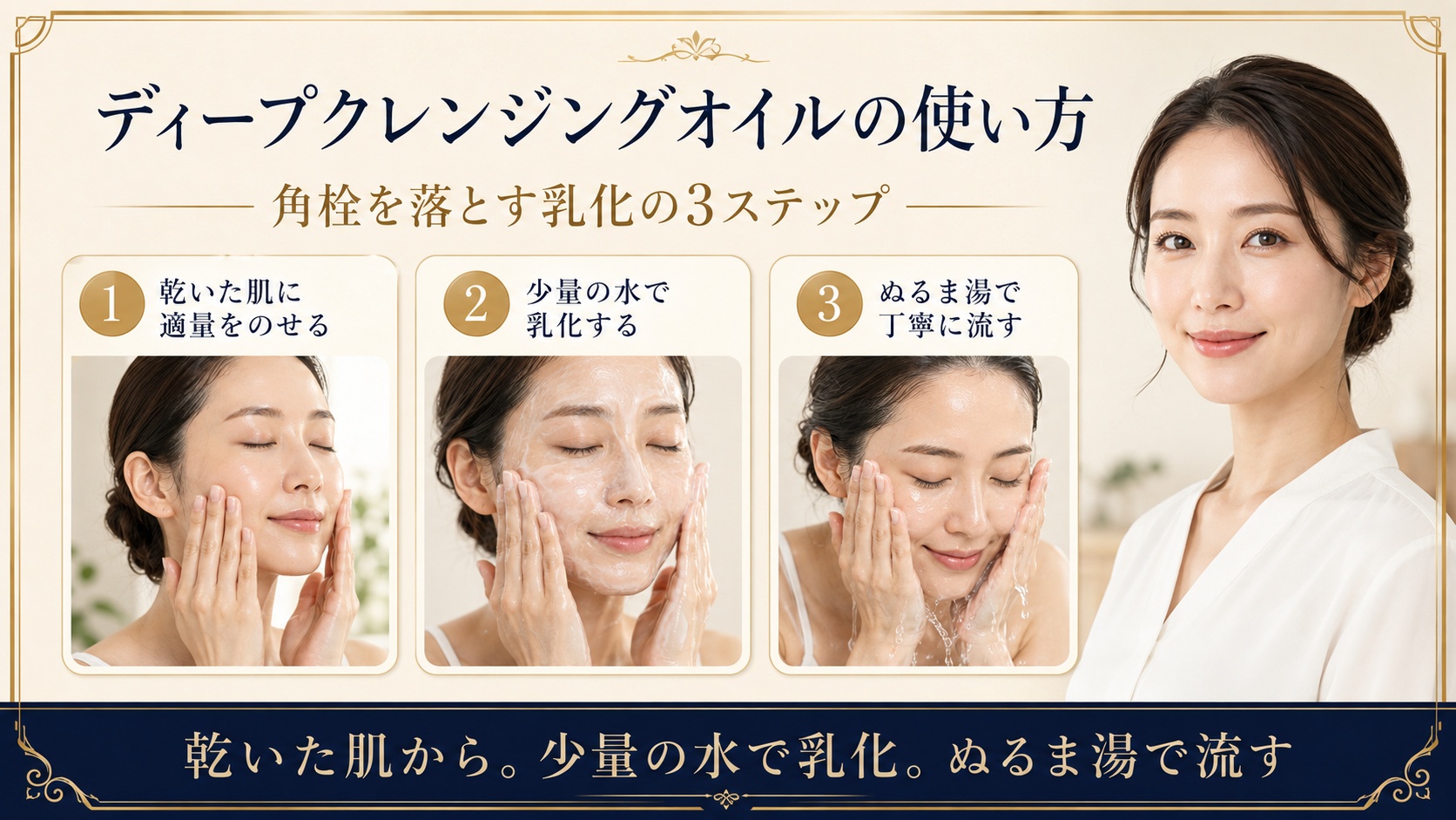 ディープクレンジングオイルを乾いた肌に使い少量の水で乳化してぬるま湯で流す方法を示すBeauty Board