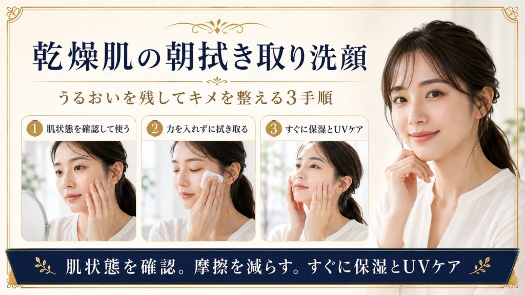 乾燥肌の朝拭き取り洗顔で肌状態を確認し摩擦を減らして保湿とUVケアを行う方法を示すBeauty Board