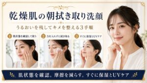 乾燥肌の朝拭き取り洗顔で肌状態を確認し摩擦を減らして保湿とUVケアを行う方法を示すBeauty Board