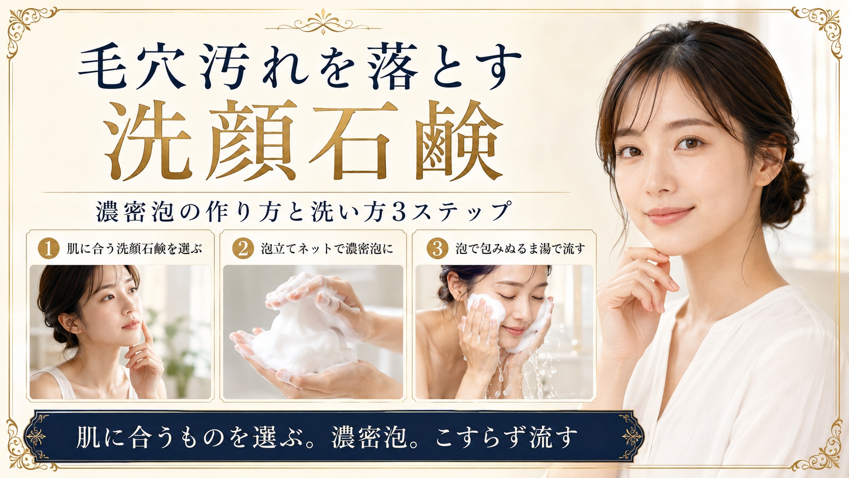 毛穴汚れ向け洗顔石鹸の選び方と濃密泡でこすらず洗う手順を示すBeauty Board