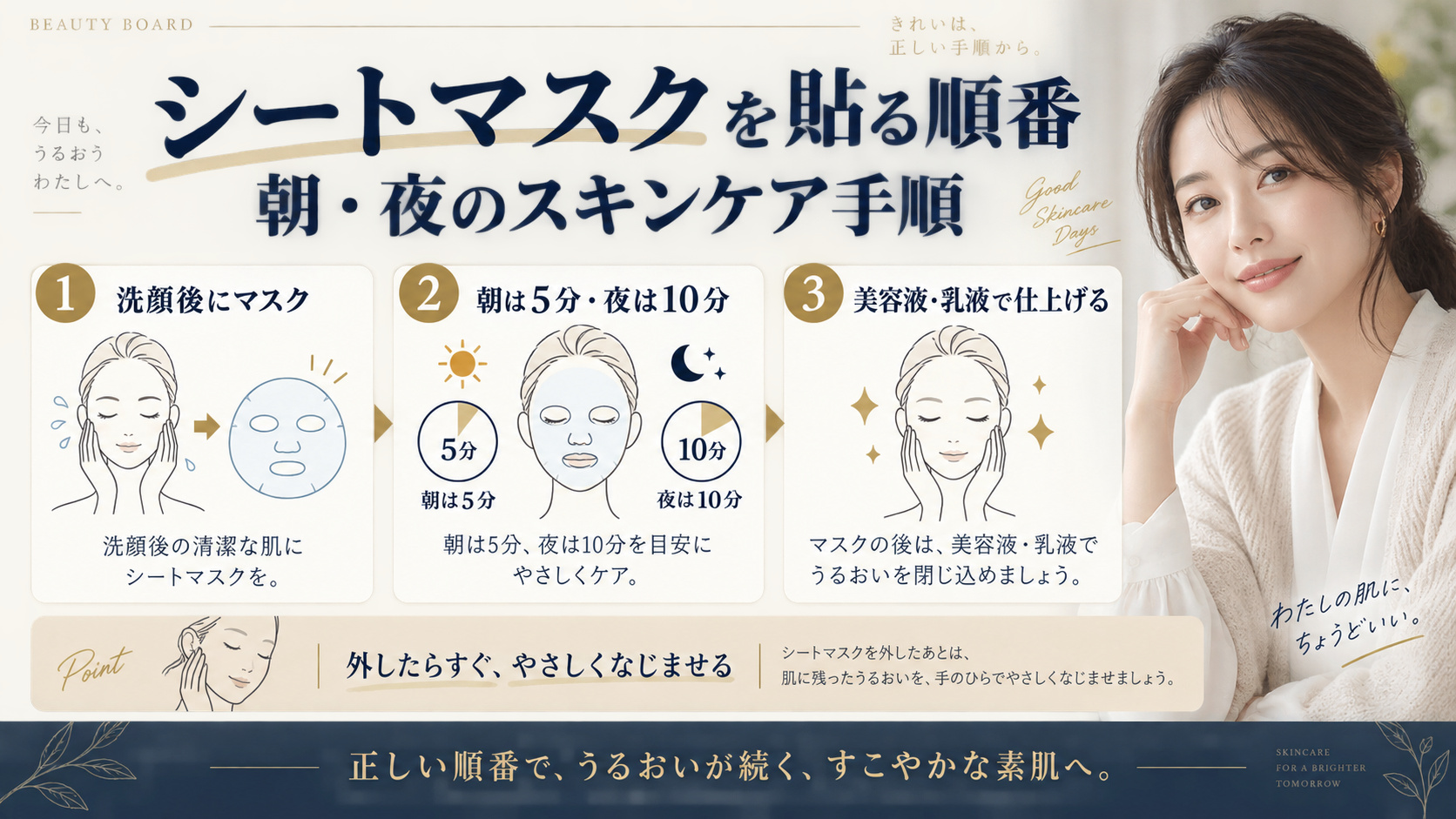 シートマスクを貼る順番と朝夜の手順を解説するアイキャッチ