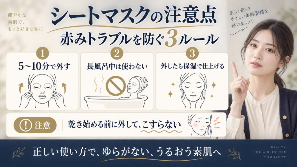 シートマスクの注意点と赤み防止を解説するアイキャッチ