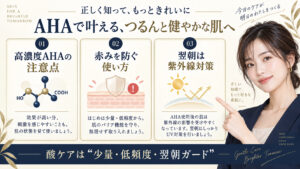 高濃度AHAの注意点と赤み対策、翌朝の紫外線防御を示すアイキャッチ