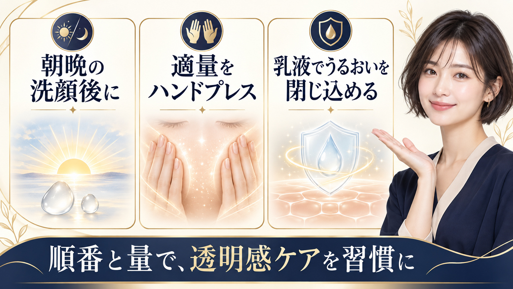 美白美容液の朝晩の使い方、適量とハンドプレスを示すアイキャッチ