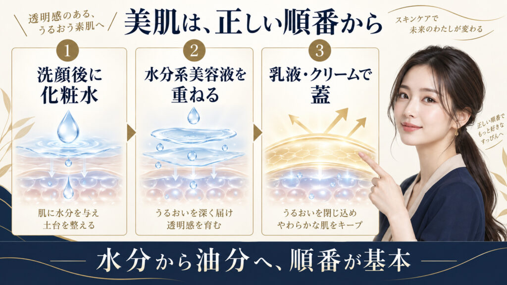 化粧水、美容液、乳液とクリームの正しい使用順を示すアイキャッチ