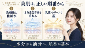 化粧水、美容液、乳液とクリームの正しい使用順を示すアイキャッチ
