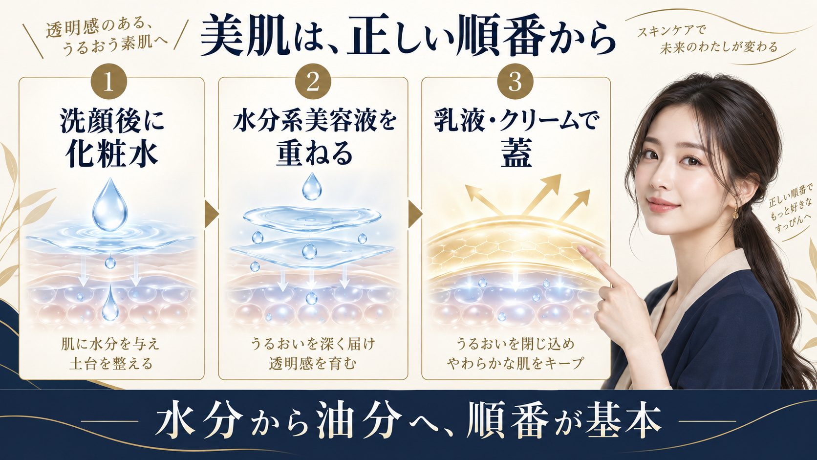 化粧水、美容液、乳液とクリームの正しい使用順を示すアイキャッチ