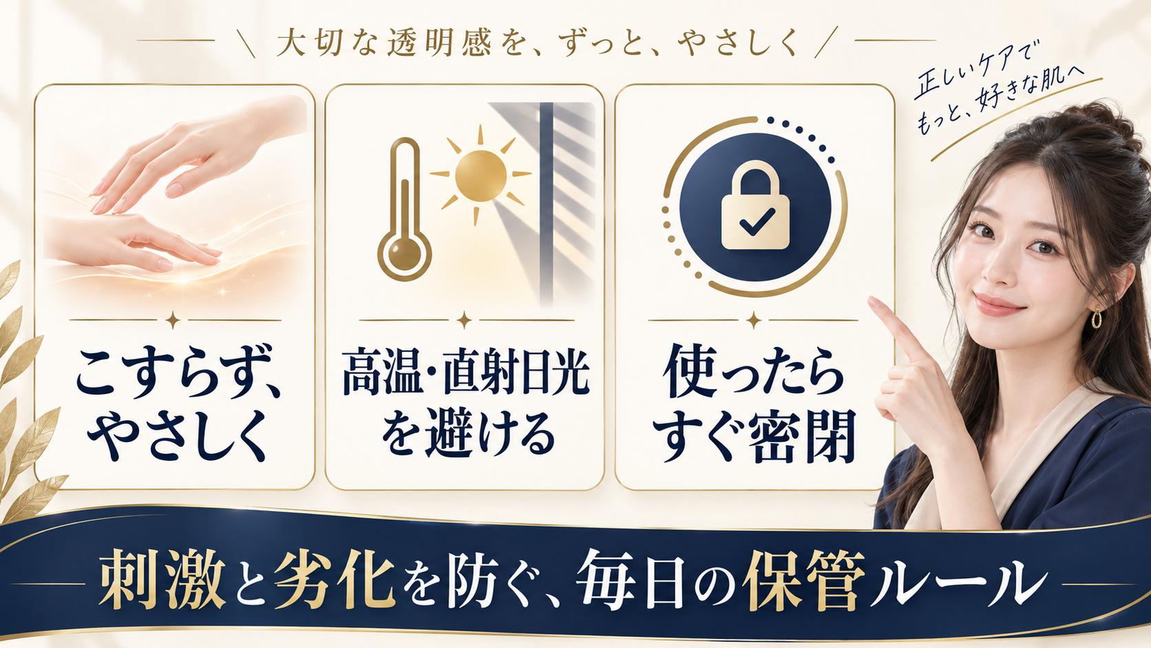 美容液の摩擦回避、直射日光を避ける保管と密閉の注意点を示すアイキャッチ