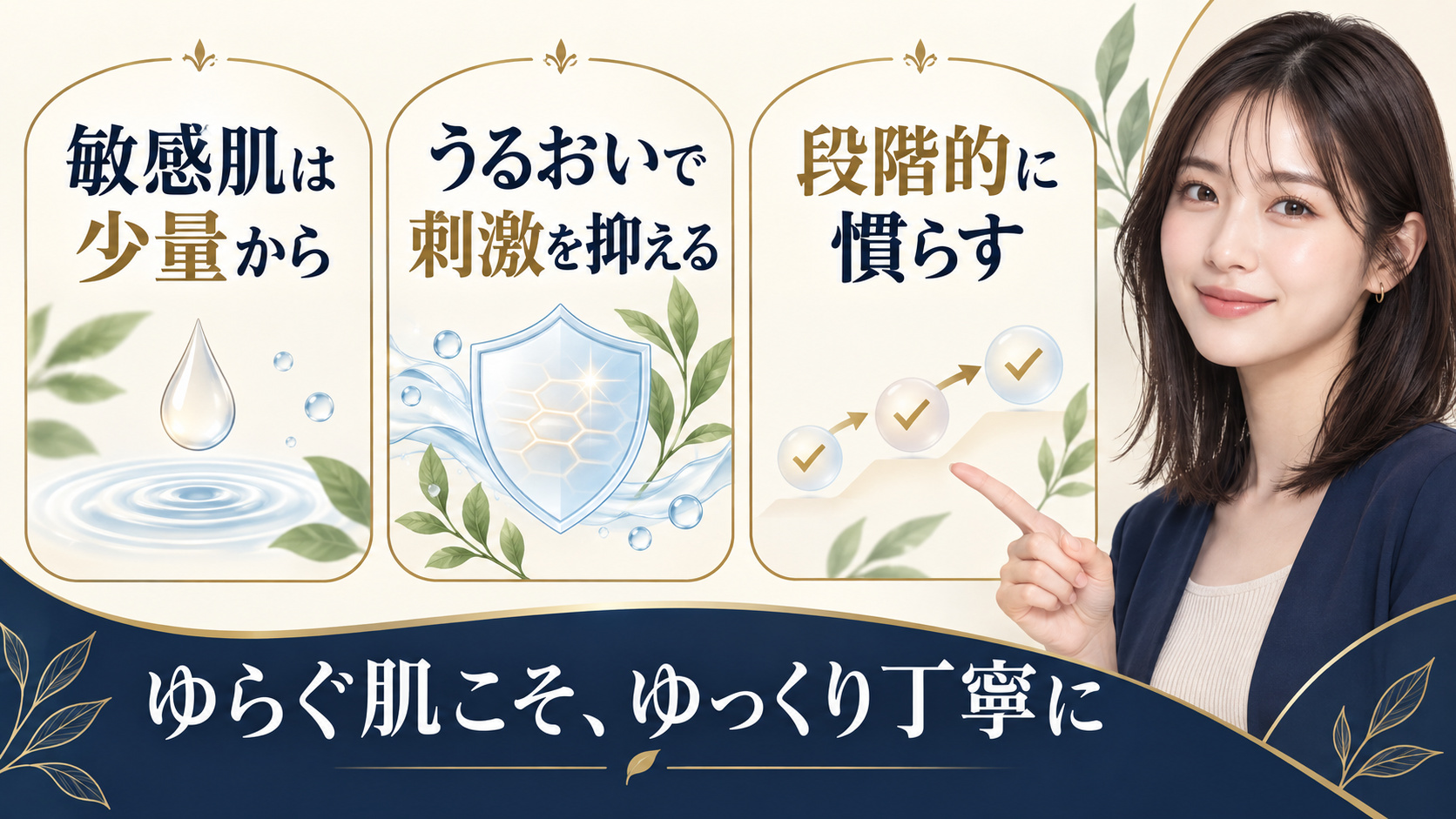 敏感肌のための少量使用、保湿と段階的な低刺激ケアを示すアイキャッチ