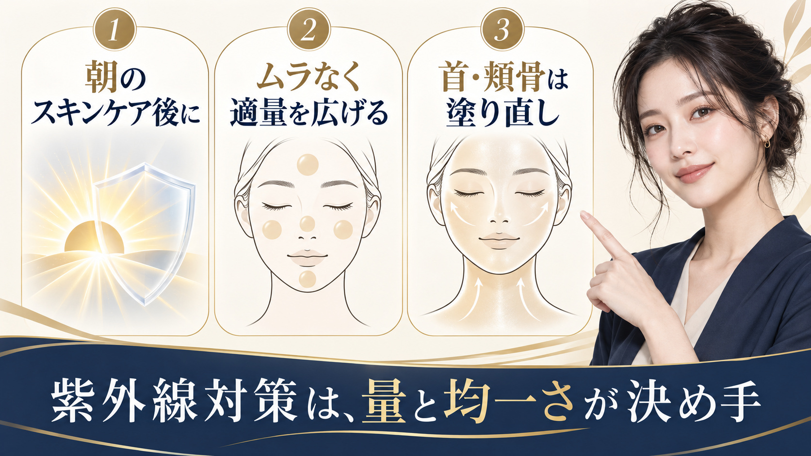 紫外線対策の適量塗布と顔や首への均一な塗り方を示すアイキャッチ