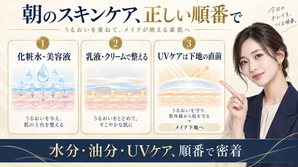 朝のスキンケアで乳液やクリームの後にUVケアを使う正しい順番を示すアイキャッチ