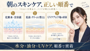 朝のスキンケアで乳液やクリームの後にUVケアを使う正しい順番を示すアイキャッチ