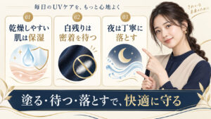 UVケアの乾燥対策、白残りを防ぐ密着待ちと夜の落とし方を示すアイキャッチ