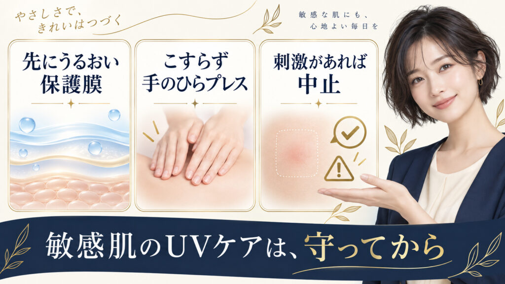 敏感肌のUVケアで保湿してから手のひらでやさしく密着させる方法を示すアイキャッチ