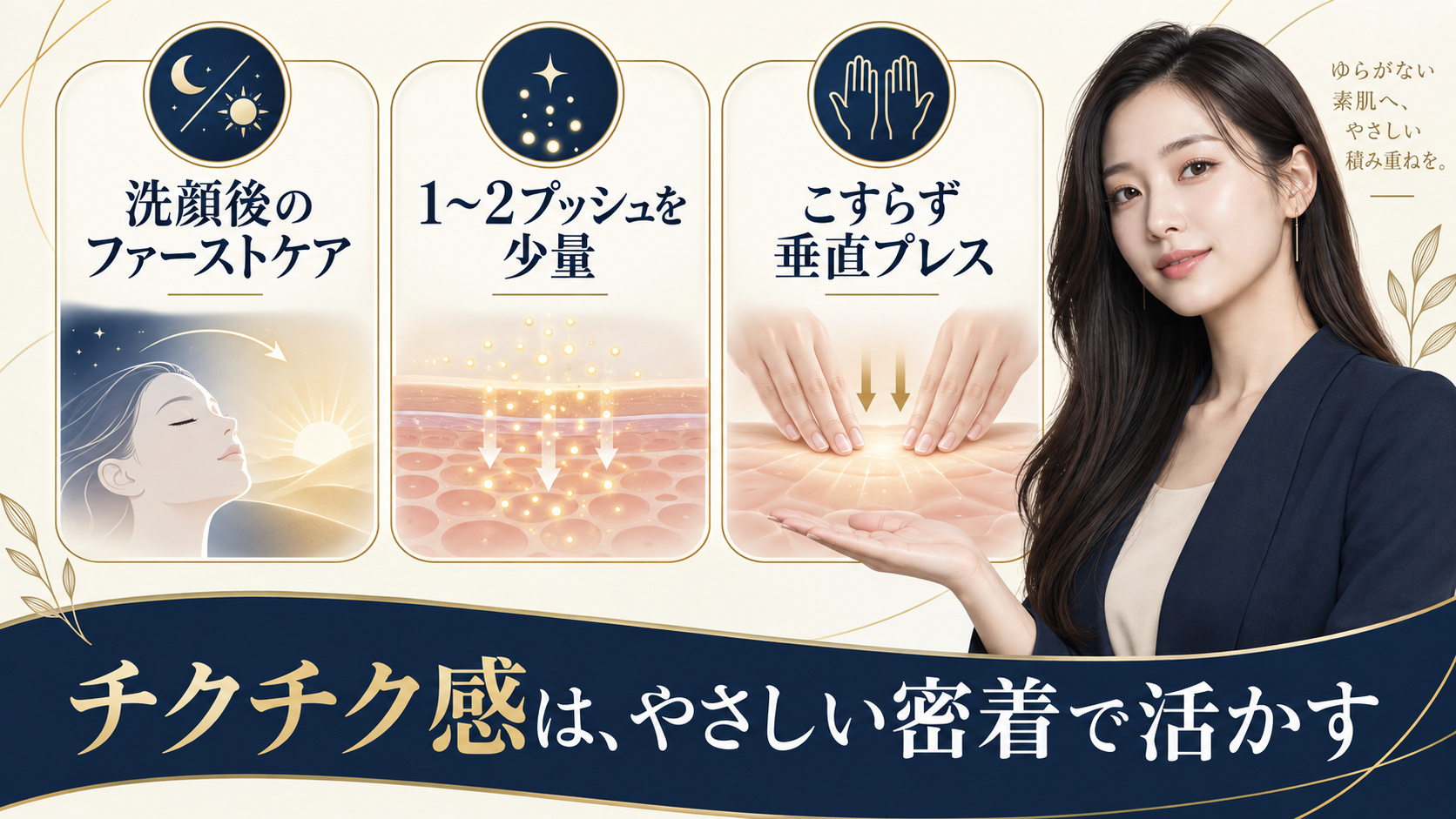 洗顔後に少量を垂直プレスでなじませる導入美容液の使い方を示すアイキャッチ