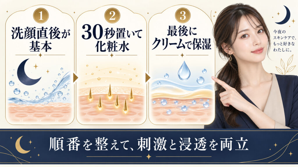 洗顔直後に使う導入ケアと30秒後の化粧水、最後のクリームの順番を示すアイキャッチ
